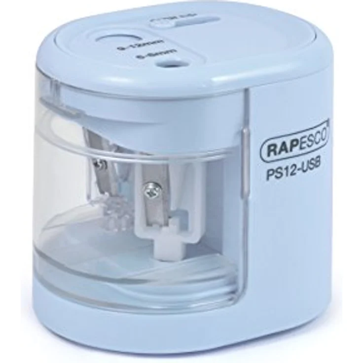 RAPESCO PS12-USB, elektrischer Anspitzer mit Doppel-Loch Design für 6-12 mm Stifte, hellblau, USB/Batterie-Antrieb – Bild 3