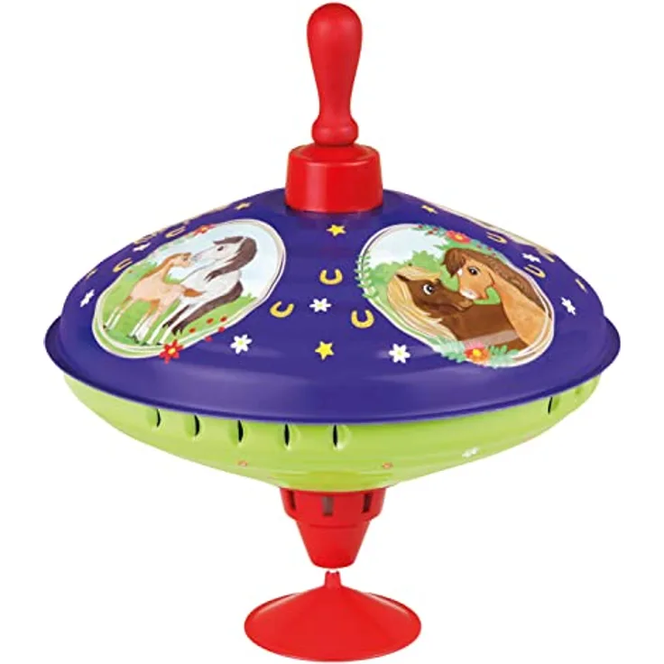 Lena 52226 - Brummkreisel Pferdetraum Ø 19 cm, Metall Schwungkreisel aus Blech, klassischer Pumpkreisel, Blechkreisel mit Pferde Motiv, Kreisel mit Standfuß, für Kinder ab 18 Monate, bunt
