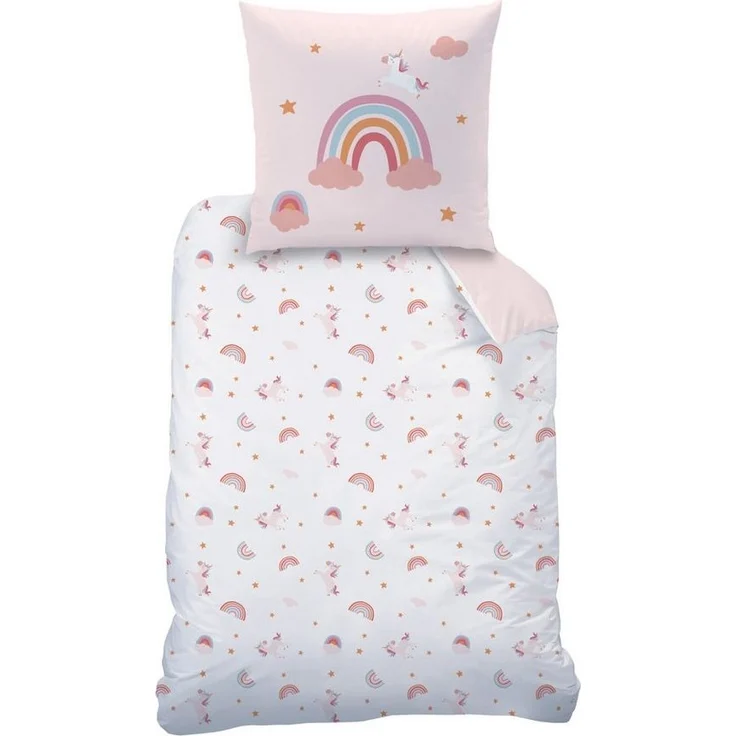 MTOnlinehandel Bettwäsche Einhorn 135x200 + 80x80 cm (Unicorn), 100% Baumwolle, 2 teilig, Mädchen-Bettwäsche Magic Tale, Regenbogen, Sterne und Wolken – Bild 2