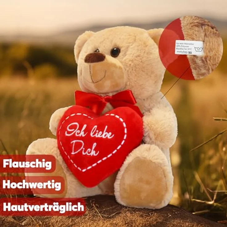 matches21 Teddybär mit Herz hellbraun beige Kuscheltier 25 cm - Ich pass auf – Bild 3