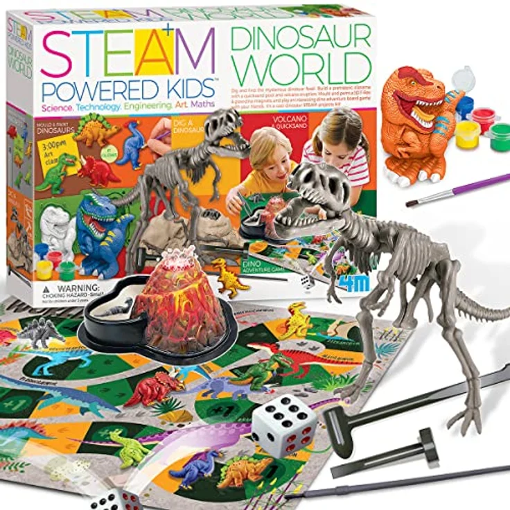 4M Dinosaur World Experimentierkasten - Dinosaurier-Fossil graben, 3D T Rex bauen, Dino-Magnete leuchten, Dino-Brettspiel spielen – Bild 3
