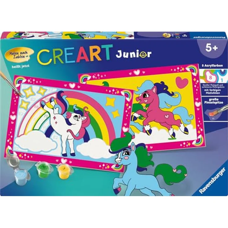 Ravensburger Malen nach Zahlen Junior Zauberponys mit Regenbogen, Malvorlagen-Set für Kinder ab 5 Jahren, 2 Maltafeln, 5 Acrylfarben, inklusive Pinsel und Anleitung – Bild 2