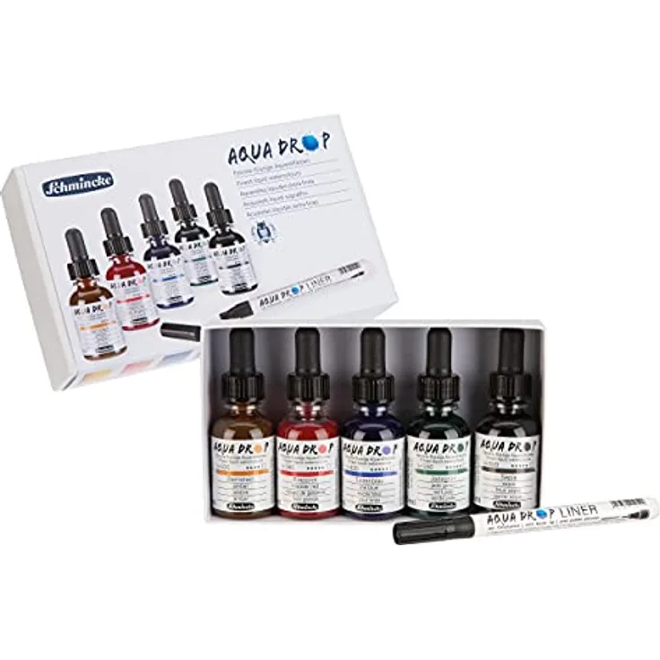 Schmincke AQUA DROP Set, flüssige Aquarellfarbe, 5 x 30 ml lasierende Farbtöne + Liner mit Pinselspitze, inkl. Bernstein, Krapprot, Tintenblau, Jadegrün, Sepia