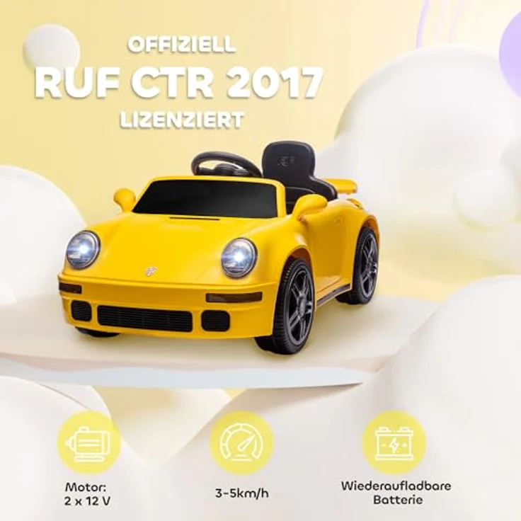 AIYAPLAY 12V Kinder Elektroauto RUF CTR "Yellowbird", mit 2,4 GHz Fernbedienung, 2 Motoren, Softstart, MP3-Player und LED-Leuchten, für 3-6 Jahre, Gelb – Bild 3