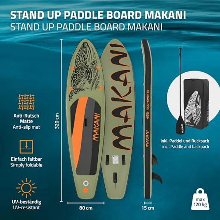 ECD Germany Aufblasbares Stand Up Paddle Board Makani, 320 x 80 x 15 cm, Olive, PVC, bis 120 kg, mit Pumpe und Zubehör – Bild 2