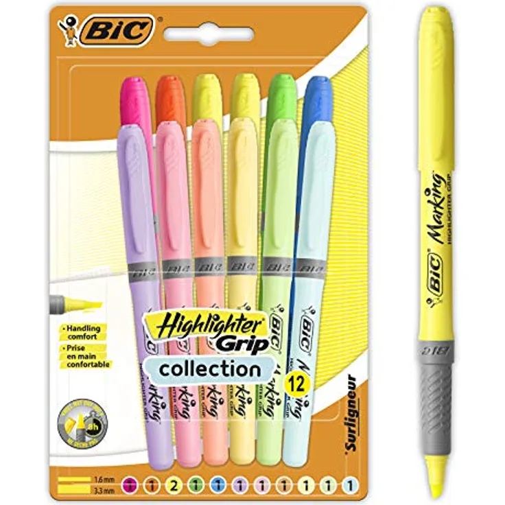 BIC Highlighter Grip Marker mit abgeschrägter Spitze, verstellbar, intensive Farben und Pastelltöne, 12 Stück