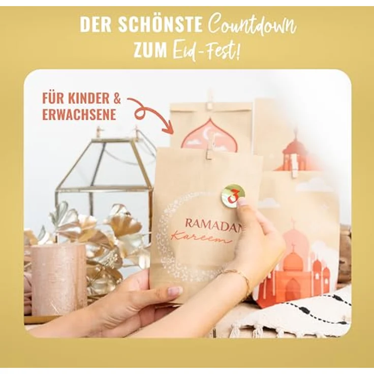 AMARI ® Ramadan Tüten (30 Tüten inklusive Sticker & Klammern) - Ramadankalender zum Befüllen - Ramadan Kalender Tüten - Ramadan Kalender Bastelset – Bild 3