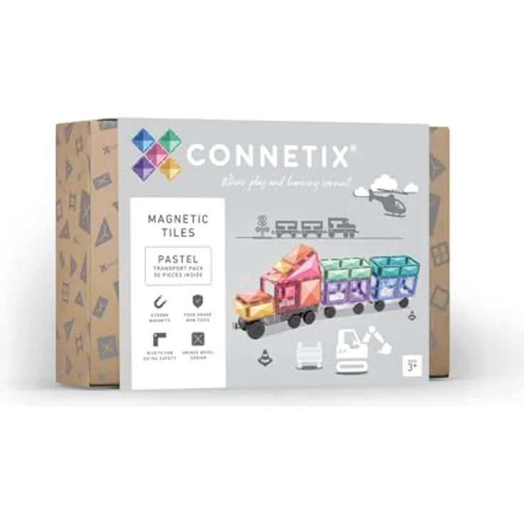 Connetix Magnetische Fliesen Pastell Transportieren Packen, 50 Stück mit Fahrzeugdesign