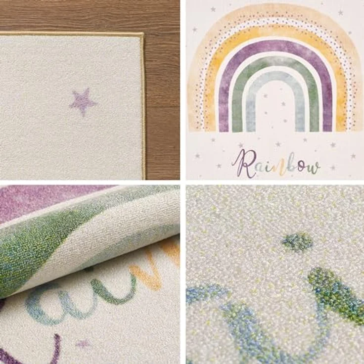 SIMPEX Kinderteppich Regenbogen Design, Moderner Spielteppich 140 x 200 cm, Creme, Waschbar und Rutschfest, OEKO-TEX STANDARD 100 zertifiziert – Bild 2