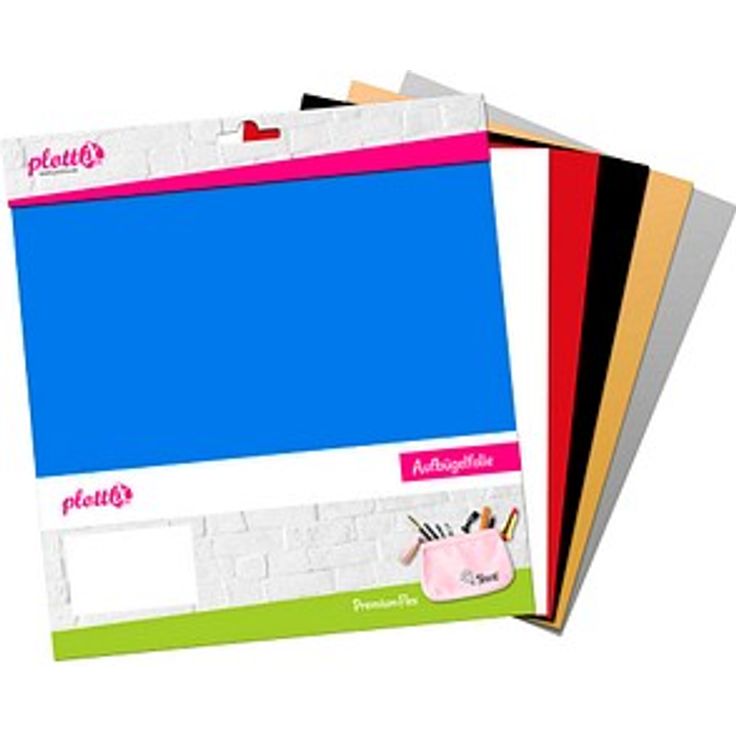 plottiX PremiumFlex Aufbügelfolie, farbsortiert, 6 Stück in Silber, Gold, Rot, Blau, Weiß, Schwarz, 30,0 x 30,0 cm