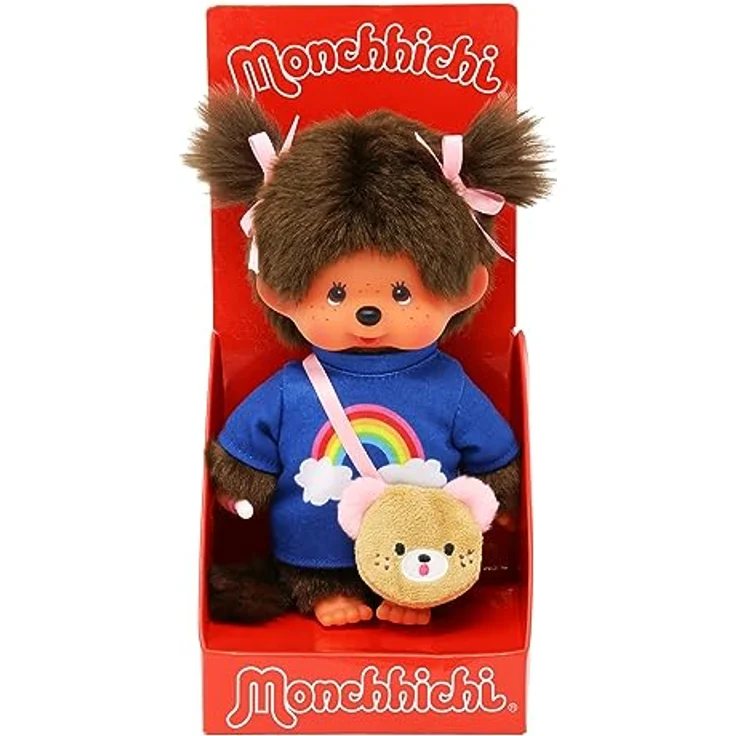 Monchhichi Plüschfigur Kawai Mädchen im Kleid mit Bärentasche 20 cm Monchhichi Puppe, braunes Fell, Kunststoffgesicht, empfohlen ab 24 Monaten – Bild 2