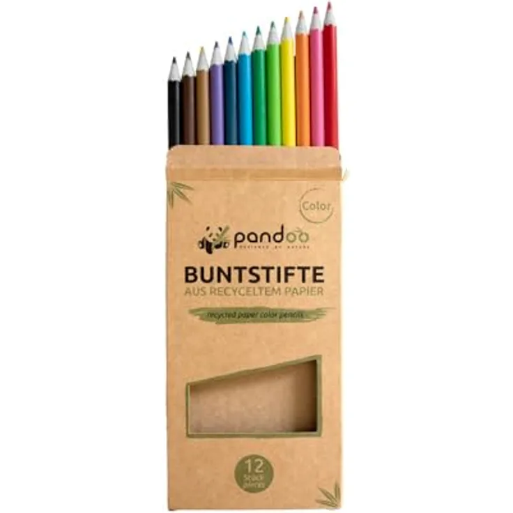 pandoo 12 Buntstifte aus recyceltem Zeitungspapier | Umweltfreundliche Farben: schwarz, braun, lila, blau, grün, gelb, orange, rosa, rot | CO2-neutrale Lieferung, plastikfreie Verpackung