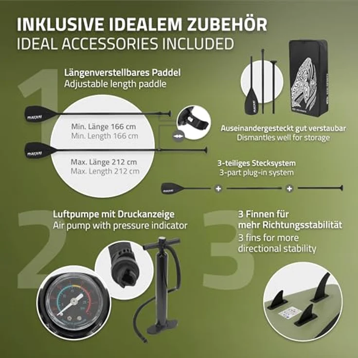 ECD Germany Aufblasbares Stand Up Paddle Board Makani, 320 x 80 x 15 cm, Olive, PVC, bis 120 kg, mit Pumpe und Zubehör – Bild 4