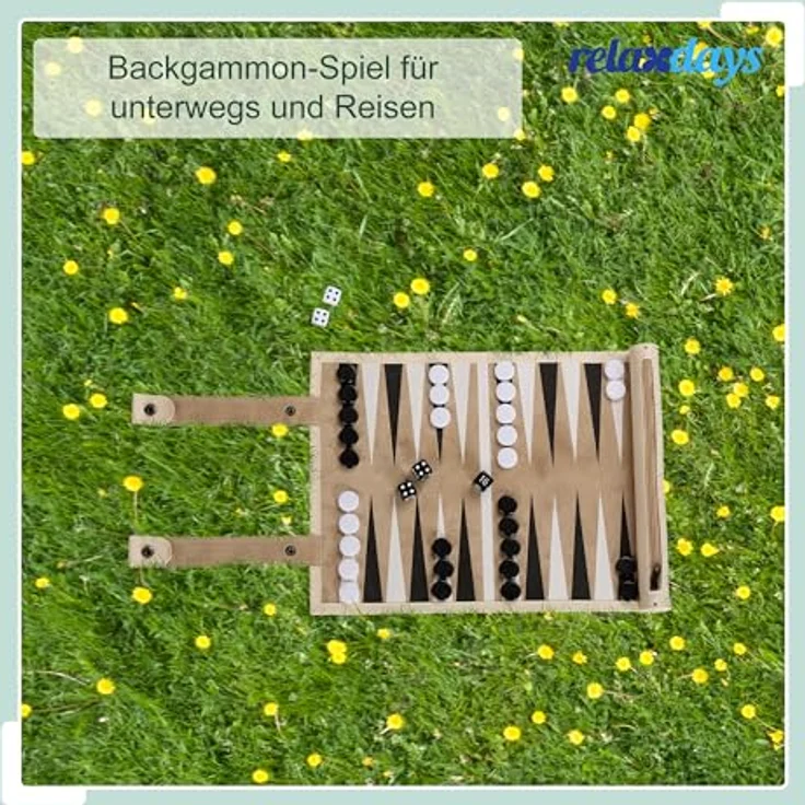 Relaxdays Reise-Backgammon, Brettspiel in beiger Lederoptik mit integrierter Tasche, leicht rollbar und platzsparend – Bild 2