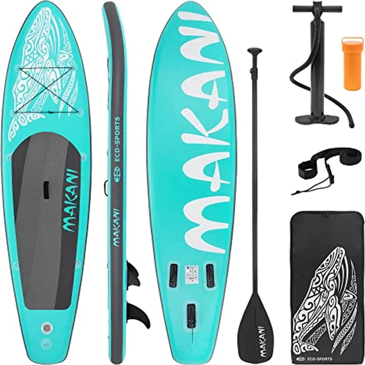 ECD Germany Aufblasbares Stand Up Paddle Board Makani | 320 x 80 x 15 cm | Türkis | PVC | bis 120 kg | Komplettes Zubehör inkl. Paddel und Handpumpe – Bild 1
