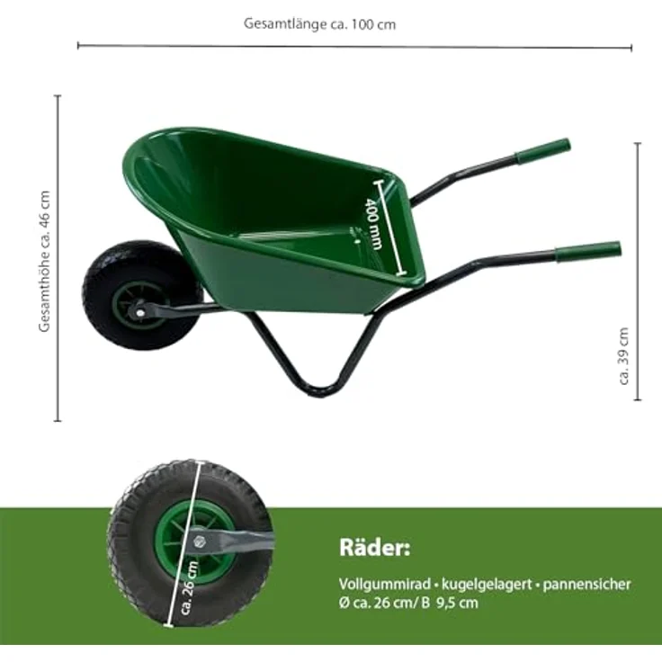 TRUTZHOLM Kinderschubkarre Uni, 40 kg Traglast, 20L Kunststoffwanne, Vollgummirad, Dunkelgrün – Bild 2