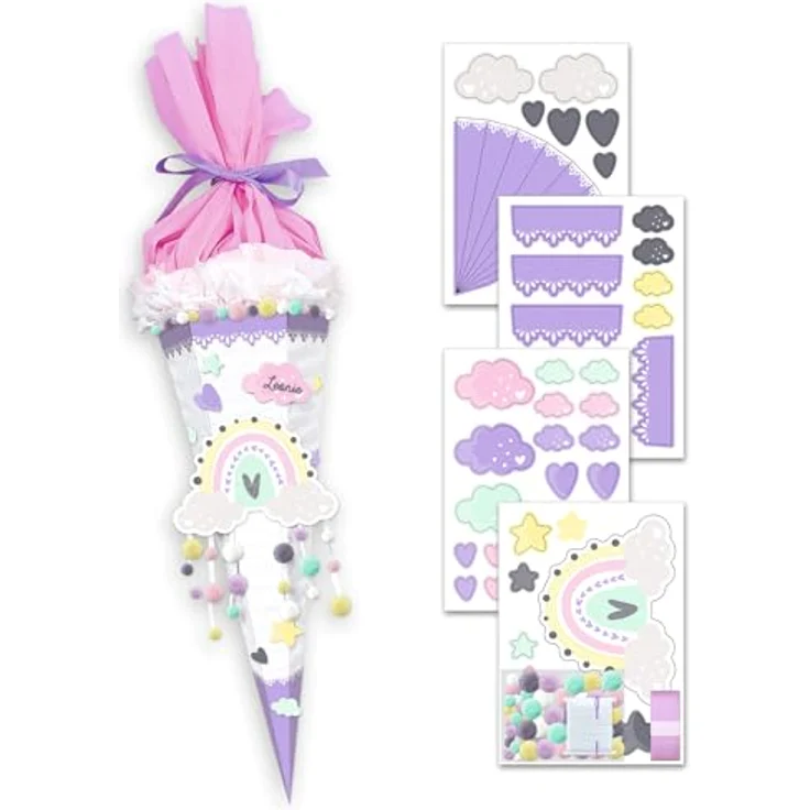 Ursus - Ludwig Bähr Schultüte DEKO-SET Regenbogen, 4 Bogen Bastelkarton, 350 g/m², beglittert mit Satinband, DIN A4 – Bild 3