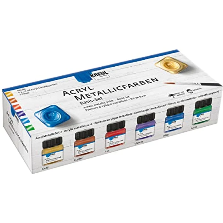 Kreul KREUL 77600 Acryl Metallicfarben Set, 6 x 20 ml, glamouröse Metallicfarbe auf Wasserbasis, cremig deckend, schnelltrocknend und wasserfest, inkl. Pinsel – Bild 1