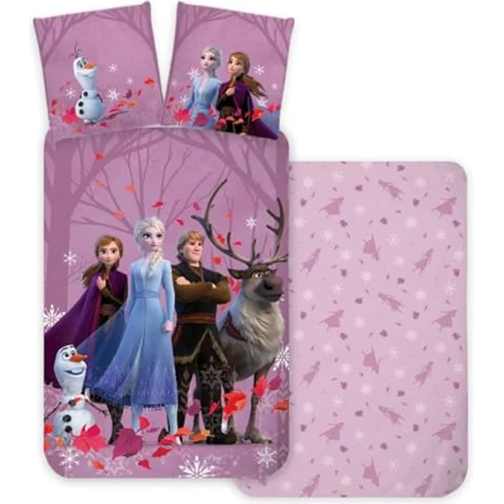 BrandMac Eiskönigin Wende-Bettwäsche, 100% Baumwolle, Bettbezug 100 x 135 cm + Kissenbezug 40 x 60 cm, mit ELSA, Anna, Kristof, Sven und Olaf, blau – Bild 1