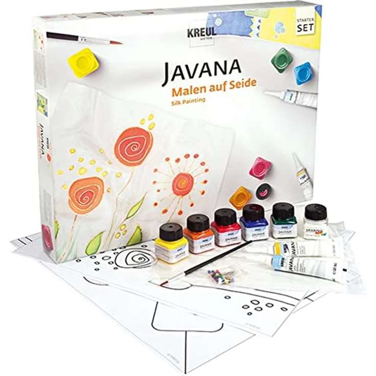 KREUL Javana Seidenmalfarben Grundausstattung, 5 x 20 ml Farben und Konturenfarbe, inkl. Pinsel, Seidenzuschnitte, Motivvorlagen und Effektsalz – Bild 2