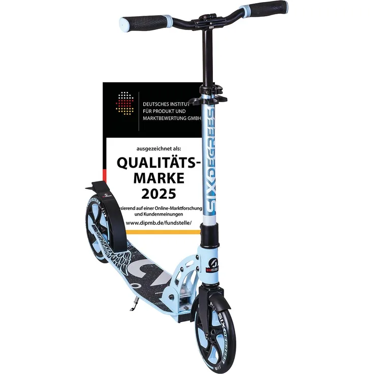Globber SIX DEGREES Aluminium Scooter 205 mm, Klappmechanismus, Seitenständer, blue sky, max. Benutzergewicht 100 kg, höhenverstellbarer Lenker