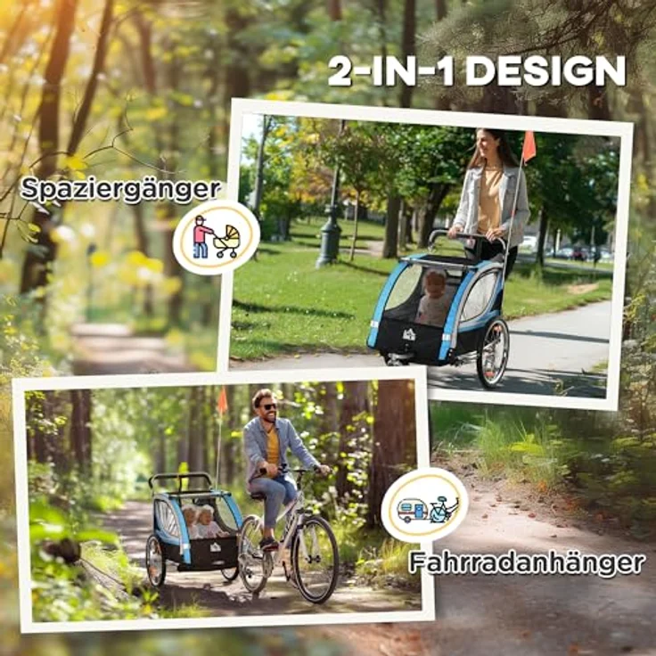 HOMCOM Fahrradkinderanhänger Kinderanhänger Kinderwagen, blau, 5-Punkt-Sicherheitsgurt, Universalkupplung – Bild 3