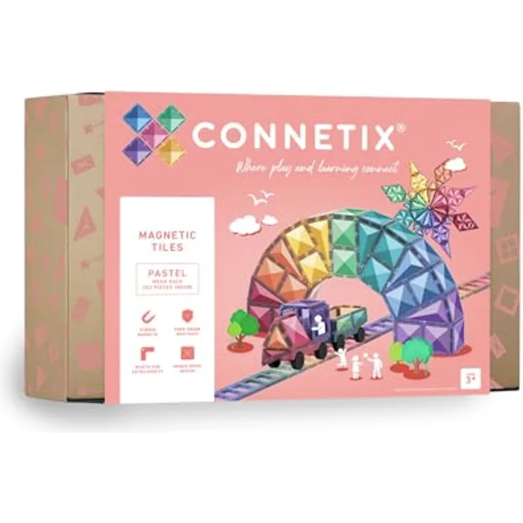 Connetix Fliesen 202-teiliges Pastell Mega Pack, pädagogisches magnetisches Bauset mit großen Sechsecken und Quadraten, Tür- und Fensterstücke, Zäune und 2 Autos mit Gummirädern