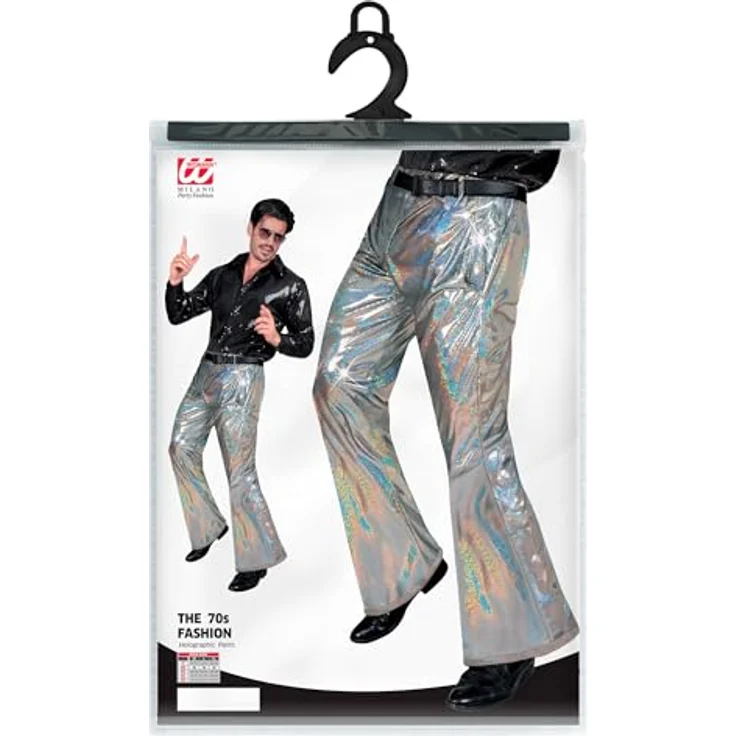 Widmann Disco Glitzer Herrenhose, silber, Schlaghose aus 100% Polyester für Fasching und Mottopartys, Größe XL – Bild 3