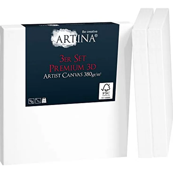 Artina 3er Set 3D Premium 20x20 cm Keilrahmen – Holz Keilrahmen Leinwand 100% Baumwolle Leinwand 3-Fach weiß vorgrundiert – Leinwände zum Bemalen 380 g/m² - Extrabreiter, bespannter Keilrahmen