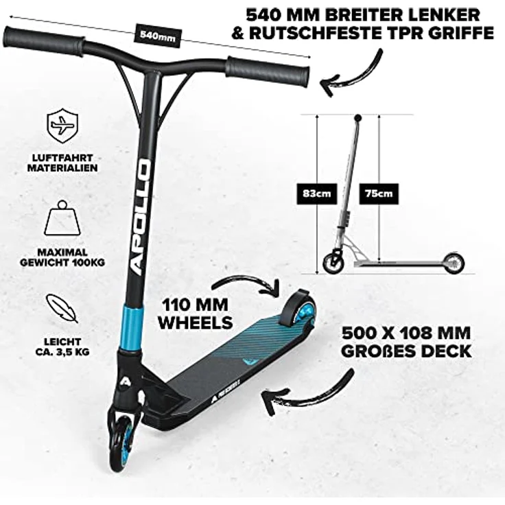 Apollo Stuntscooter Genesis X Pro - Profi Trick Roller mit 120mm Alu Core Wheels, High End Stuntscooter in Schwarz – Bild 2