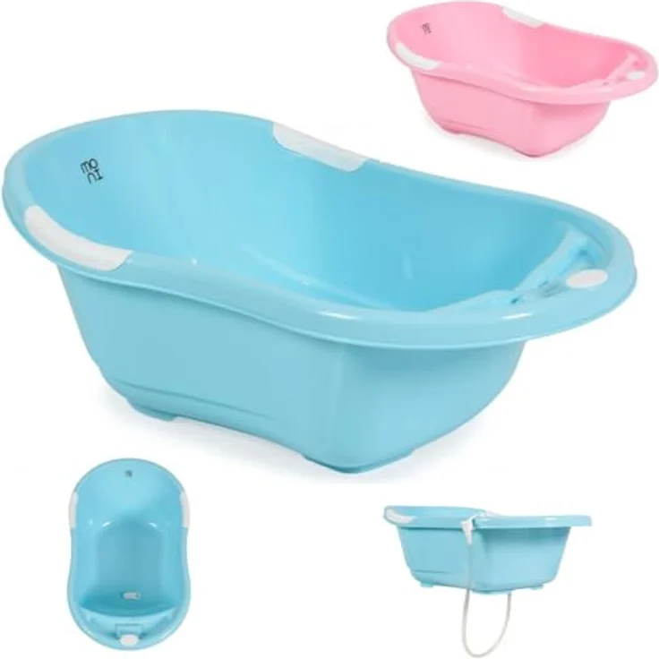 Moni Babybadewanne Lilly platzsparend mit Wasserablauf, Ablagefächer für Zubehör, blau – Bild 1