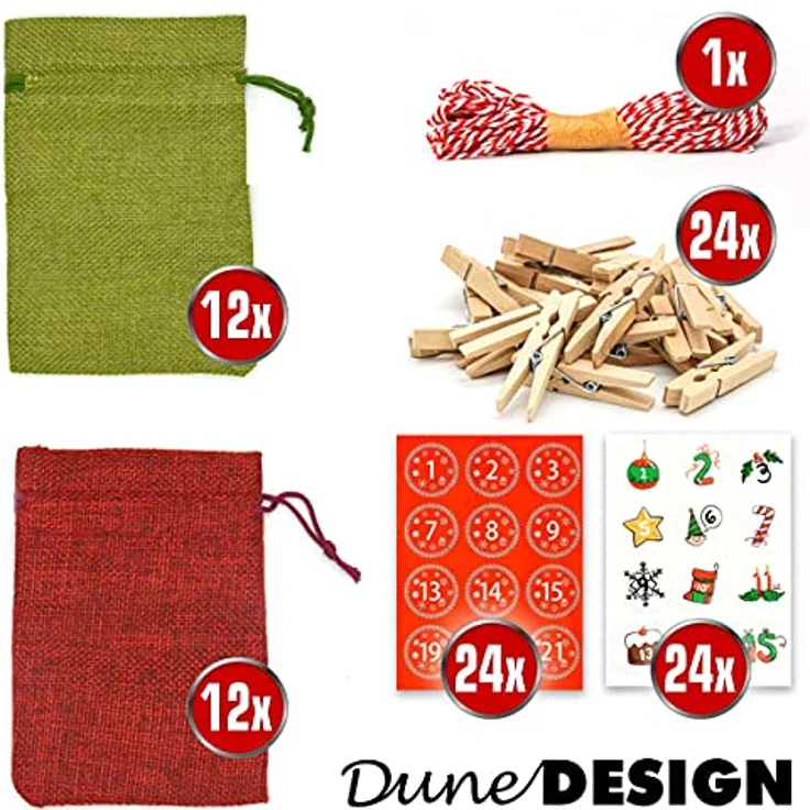DuneDesign PERFEKT FÜR 2023: DIY Adventskalender zum Befüllen - 24 Adventskalender Säckchen Stoff mit Girlande und Sticker-Set - Weihnachtskalender zum Selber Befüllen Adventstüten zum Befüllen Kinder – Bild 5