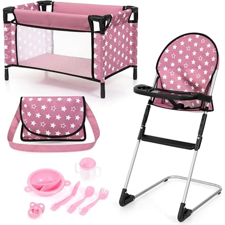 Bayer Design 61776AB Puppenmöbelset, Puppenhochstuhl mit Esstablett, Puppenbett, Tasche und Zubehör, Spielset für Rollenspiele ab 3 Jahren