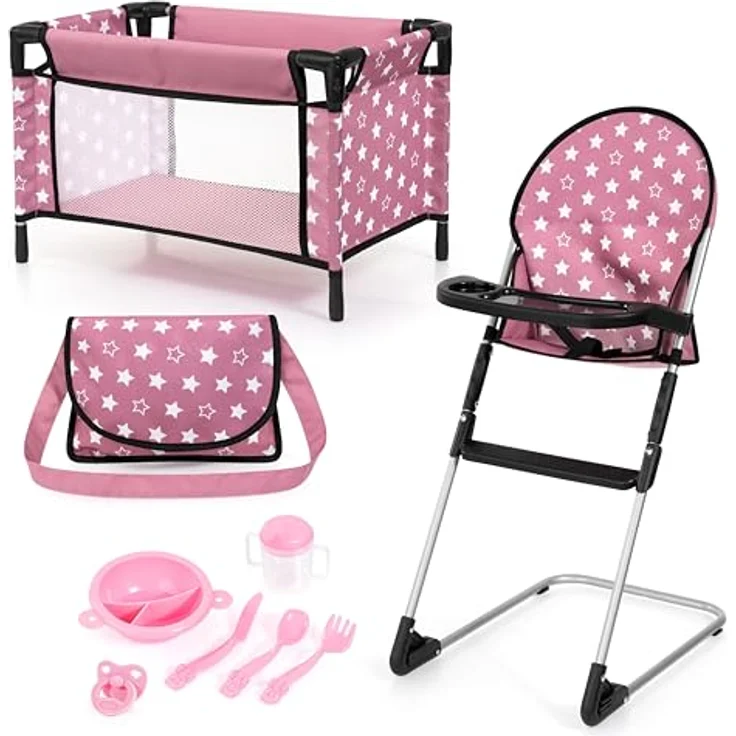 Bayer Design 61776AB Puppenmöbelset, Puppenhochstuhl mit Esstablett, Puppenbett, Tasche und Zubehör, Spielset für Rollenspiele ab 3 Jahren – Bild 1