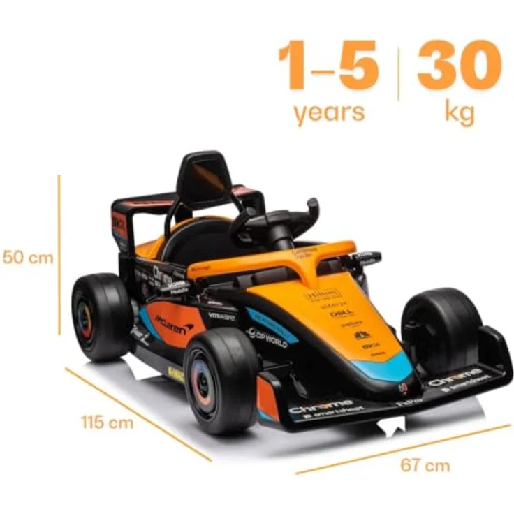 Vrooomy McLaren Formel 1 Elektro-Kinderfahrzeug, 12V mit Fernbedienung, für 1 bis 5 Jahre, orange, MP3-Player, Soft-Start-Funktion, 30 kg Tragfähigkeit – Bild 4