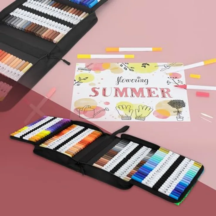 ECD Germany Kreativset Malkoffer 121-tlg, Dual Brush Pen Set mit 120 Farben, wasserbasierte Doppelfasermaler, praktisches Mäppchen mit Reißverschluss
