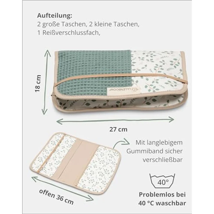 ULLENBOOM ® Windeltasche Floral-Grün, Wickeltasche für bis zu 3 Windeln mit Feuchttücher-Organizer, 100% Baumwolle, Made in EU – Bild 4