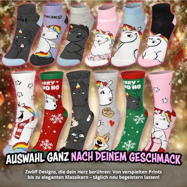 United Labels Pummel & Friends Pummeleinhorn Adventskalender mit 12 Paar Socken für Damen, Größe 35-41, inklusive Sneakersocken und langen Socken, offizielles Merchandise – Bild 4