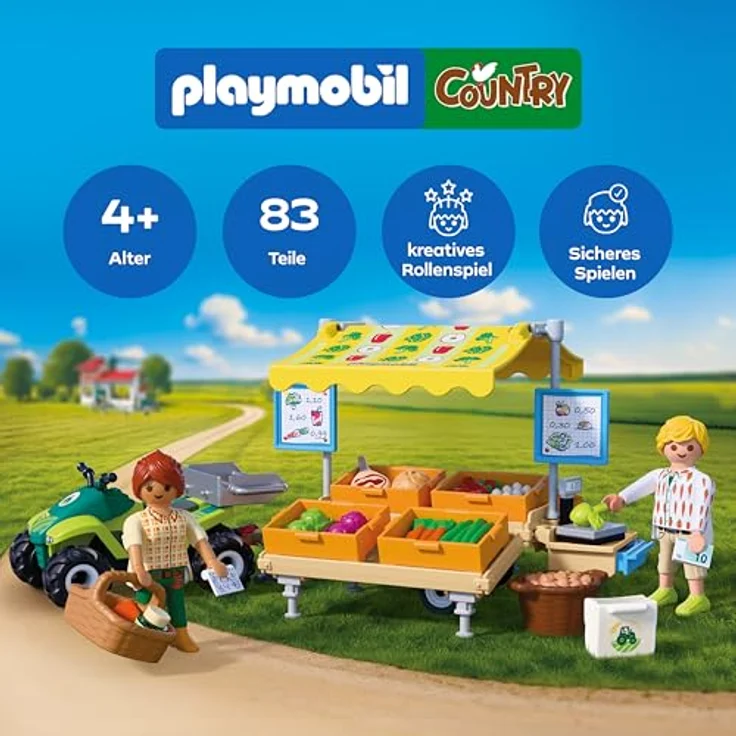 Playmobil Farm Stand 72164, mobiler Marktstand mit Quad, Aufklappbarer Markise und Zubehör – Bild 2