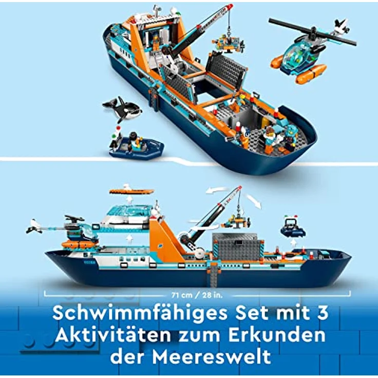 LEGO 60368 City Arktis-Forschungsschiff, großes schwimmfähiges Spielzeug-Boot mit Hubschrauber, Beiboot, ROV-U-Boot, Wikingerschiffswrack, 7 Minifiguren & Orca-Figur, Geschenk für Kinder ab 7 Jahren – Bild 3