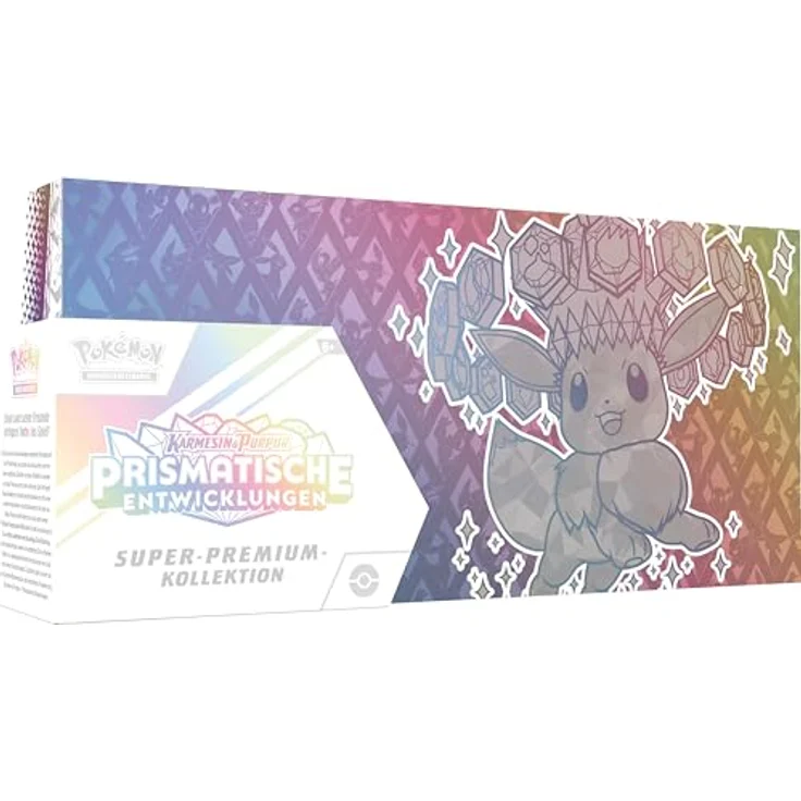 Pokémon Super-Premium-Kollektion Karmesin & Purpur – Prismatische Entwicklungen, mit 1 holografischer Vollbild-Promokarte, 1 Flauschiger Evoli-Deckbox und 15 Boosterpacks – Bild 1