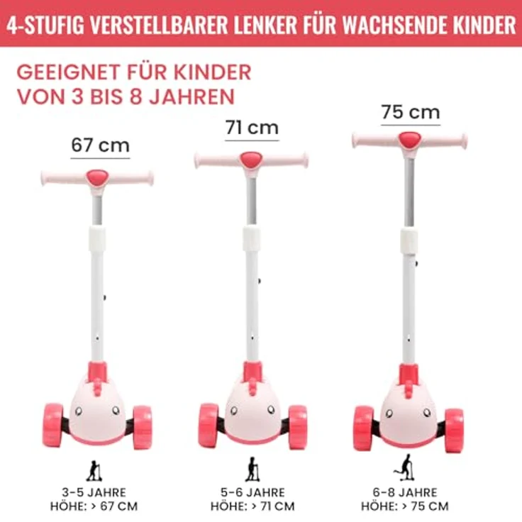 Habib Gruppe Kinderroller Tretroller 3-Rad LED Roller, Höhenverstellbar & Faltbar, Tierdesign, pink für Mädchen & Jungen (3-8 Jahre) – Bild 4