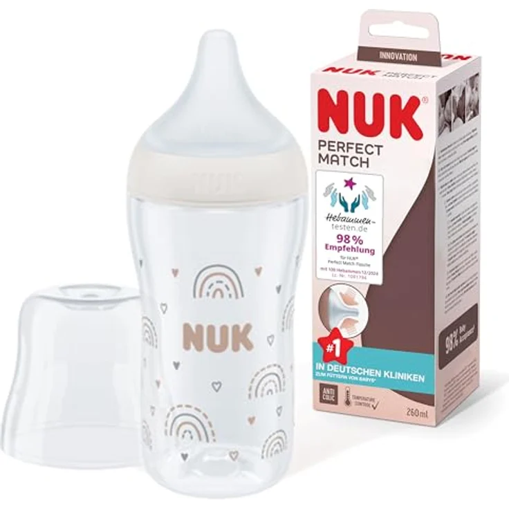 NUK Perfect Match Babyflasche, 260 ml, ab 3 Monate, mit Temperature Control, Anti-Colic, BPA-frei, Silikontrinksauger Medium, Regenbogen – Bild 1