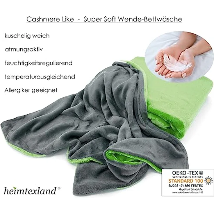 heimtexland ® Teddy Flanell Wende Bettwäsche Bettbezug Set 80x80 I 135x200 Plüsch Bezug Cashmere Touch Typ751 Apfel Grün – Bild 5
