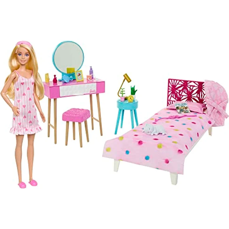 BARBIE Schlafzimmer-Spielset - Puppe, Bett, Schminktisch, Kätzchen und 20 Zubehörteile kreatives Spielen, inklusive flauschigem Bademantel und Hausschuhen, für Kinder ab 3 Jahren, HPT55 – Bild 2