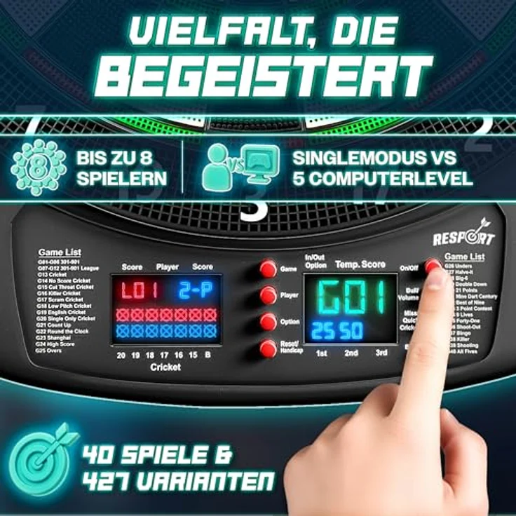RE:SPORT® Dartscheibe Elektronisch Profi Set, E-Dartautomat für 1–8 Spieler mit 427 Varianten, 12 Softdarts, 24 Flights, LED Anzeige und umfangreichem Zubehör – Bild 5