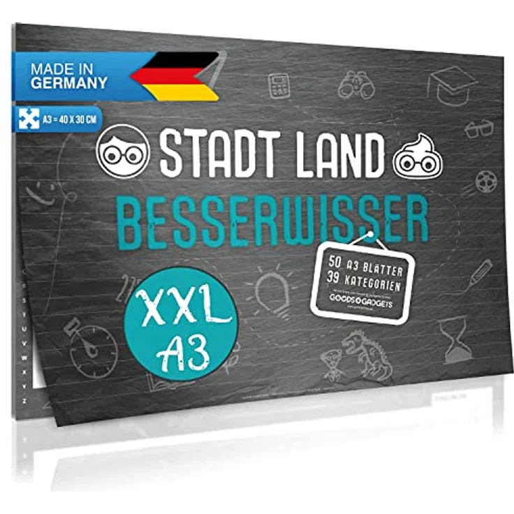 GOODS+GADGETS Stadt, Land, Besserwisser XXL, Spielklassiker Stadt Land Fluss in DIN A3 mit 39 Kategorien und spezialisierten Regeln – Bild 1