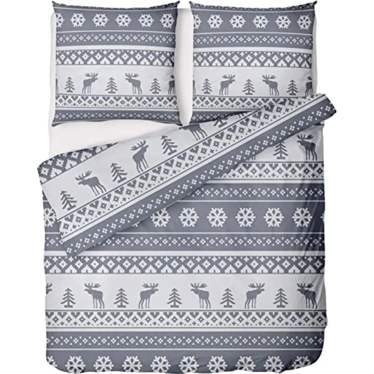 LINKHOFF Biber Bettwäsche 135x200 2tlg - Weihnachtsbettwäsche aus 100% Baumwolle - Weihnachts Bettwäsche Grau Weiß mit Rentier Motiven - Winter Bettwäsche Weihnachten - Kissen + Bettbezug