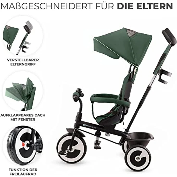 Kinderkraft ASTON Dreirad ab 9 Monate bis 25 kg, Kinderdreirad mit schubstange, drehbarer Sitz, ausklappbares Verdeck, Grün – Bild 4