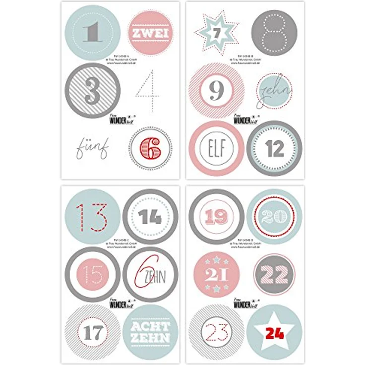 Frau WUNDERVoll® 24 Adventskalenderzahlen XL Aufkleber Pastell, Durchmesser 6 cm, Weihnachten, DIY Kalender, Kindergeburtstag, Aufkleber Kinder, Junge, Mädchen – Bild 2